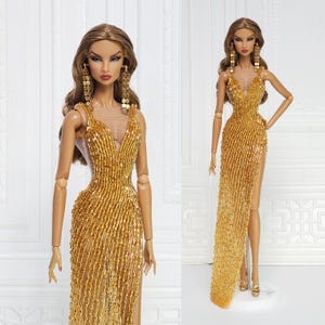 12in Doll Clothes Evening Gown Dress For Fashion Royalty Doll, FR2, FR6, Nuface Gold Bead Integrity Toy Clothes Outfit D148