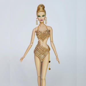 Gold Crystal Gauze Two Piece Bikini Mini Skirt Clothes For Fashion Royalty Doll, FR2, FR6, Nuface, Poppy Parker Integrity Toy Outfit D005G