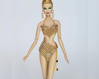 Ropa para muñecas Fashion Royalty de 12" FR2 FR6 Nuface Poppy Parker Crystal Gold Metal Mesh Bikini de dos piezas Minifalda D005G