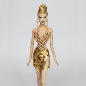 Gold Metal Mesh Crystal Gauze Mini Skirt Clothes For Fashion Royalty Doll, FR2, FR6, Nuface, Poppy Parker Integrity Toy Outfit D007G
