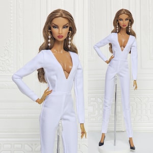 12in Doll Clothes For Fashion Royalty Doll, FR2, FR6, Nuface White Jumpsuit V-Neck Integrity Toy Outfit D282W