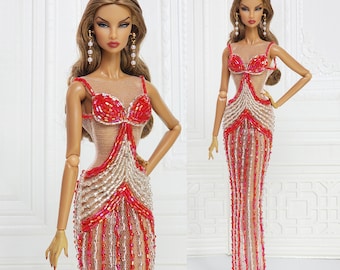 Doll Clothes For Fashion Royalty Doll 12" FR2, FR6, Nuface Evening Gown Dress Embroidered Red Silver Bead D239