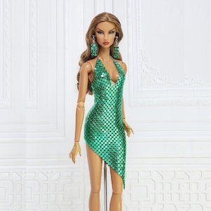 12in Doll Clothes Green Metal Mesh Halter Neck Dropped Skirt Dress For Fashion Royalty Doll, FR2, FR6, Nuface, Poppy Parker D008C