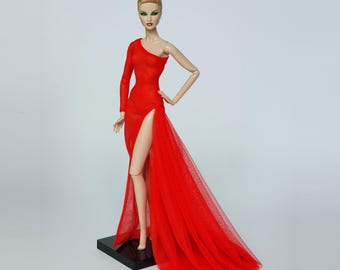Doll Clothes Fashion Royalty 12" FR2, FR6, Nuface, Poppy Parker Red One-Shoulder Sheath Dress D017R