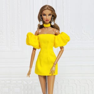 12in Doll Clothes For Fashion Royalty Doll, FR2, FR6, Nuface Poppy Parker Yellow Mini Dress Puffed Sleeve Integrity Toy Outfit D152Y