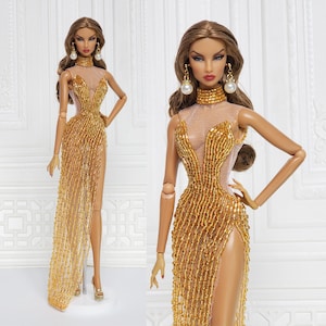 12in Doll Clothes Evening Gown Dress For Fashion Royalty Doll, FR2, FR6, Nuface Gold Bead Integrity Toy Clothes Outfit D167