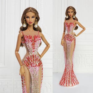 Evening Gown Dress For Fashion Royalty Doll, FR2, FR6, Nuface Red Pink Bead Integrity Toy Clothes Outfit D114