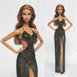 Vestido largo de gasa negra con cristales verdes y cuello halter para muñecas Fashion Royalty, FR2, FR6, Nuface y Poppy Parker Integrity, D004C