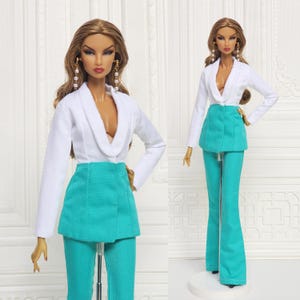 Traje ajustado verde y blanco con pantalones acampanados de dos tonos, ropa para muñecas de la realeza de la moda, FR2, FR6, Nuface, camisa y pantalones, traje de juguete Integrity D293A
