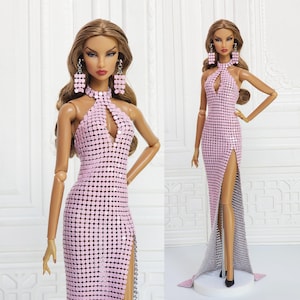 12in Doll Clothes Pastel Pink Metal Mesh Halter Neck Dress For Fashion Royalty Doll FR2 FR6, Nuface, Poppy Parker Integrity Toy Outfit D162E