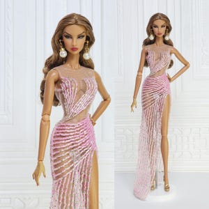12in Doll Clothes Evening Gown Dress For Fashion Royalty Doll, FR2, FR6, Nuface Pink Silver Bead Integrity Toy Clothes Outfit D169