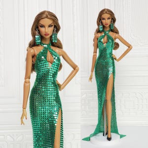 Vestido de sirena con cuello halter y malla metálica verde para muñecas Fashion Royalty, FR2, FR6, Nuface y Poppy Parker Integrity Toy, D162C