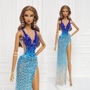 12in Doll Clothes Evening Gown Dress For Fashion Royalty Doll, FR2, FR6, Nuface Blue Silver Bead Integrity Toy Clothes Outfit D283