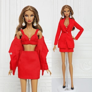 12in Doll Clothes For Fashion Royalty Doll, FR2, FR6, Nuface Red Blazer Mini Skirt T-Shirt Bars Integrity Toy Outfit D056R