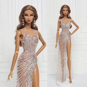 12in Doll Clothes Evening Gown Dress For Fashion Royalty Doll, FR2, FR6, Nuface Silver Bead Integrity Toy Clothes Outfit D299