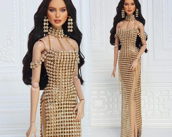 Ropa para muñecas Fashion Royalty Doll 12" FR2 FR6 Nuface Poppy Parker Vestido de malla metálica dorada con cristales D420G