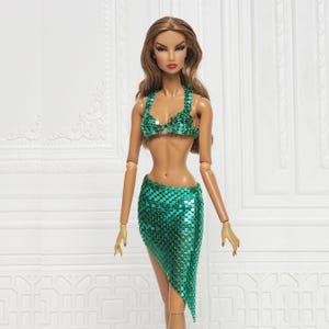 Ropa para muñecas Fashion Royalty, FR2, FR6, Nuface, Poppy Parker Integrity, con sujetador de malla metálica verde y falda caída, D306C