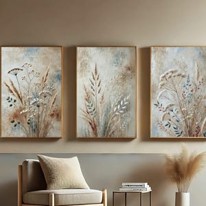 Set of 3 Minimalist Botanical Prints - Neutral Toned Wildflower Artwork for Modern & Boho Decor - Digital Download