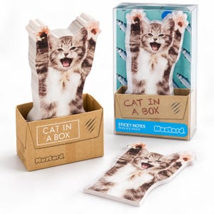 May include: A set of cat-shaped sticky notes featuring a grey and white tabby kitten with its mouth open. The notes are packaged in a brown cardboard box labeled CAT IN A BOX with a clear plastic cover and a blue base featuring the Mustard brand logo.