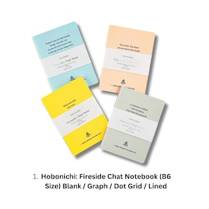 May include: Four B6 size Hobonichi Fireside Chat notebooks in light blue, peach, yellow, and sage green. Each notebook features a white paper band with printed text, including the title, design type, and specifications like 80 pages, made in Japan.