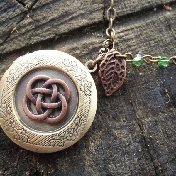 Lallybroch - Celtic Knot, Swarovski Green Beads and Copper Leaf Accent, Antiqued Brass Locket Necklace