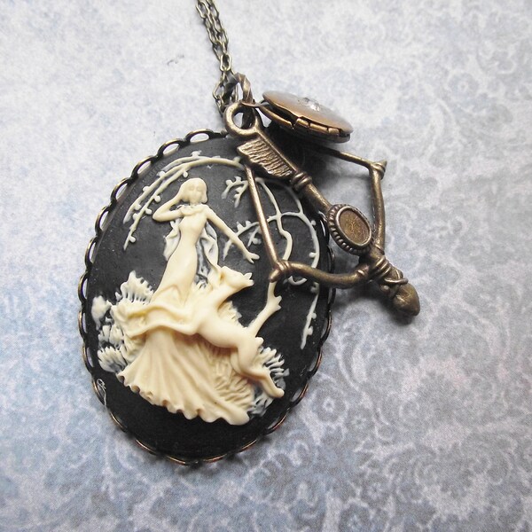 Goddess of the Hunt - Cream and Black Diana Cameo Accented with Locket and Bow Necklace