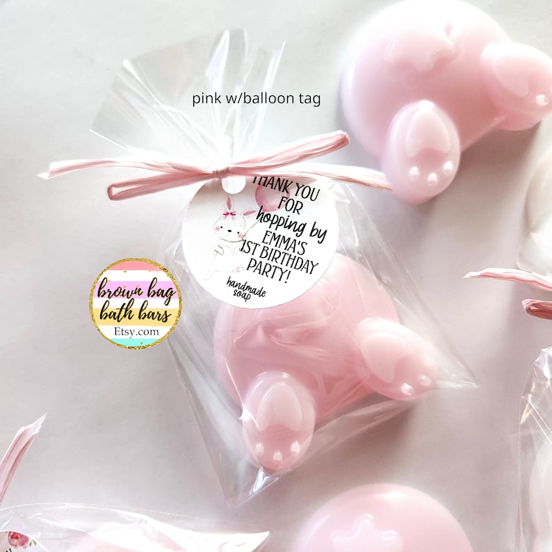 Rabbit Soap Baby Shower Favors, Bunny Butt Soap, Bunny Tail Soap, Bunny Soap, Some Bunny Special, Some Bunny Favors pink w/balloon tag