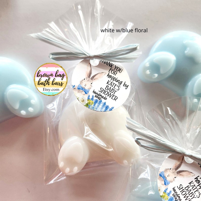 Rabbit Soap Baby Shower Favors, Bunny Butt Soap, Bunny Tail Soap, Bunny Soap, Some Bunny Special, Some Bunny Favors white w/blue floral