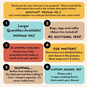May include: An image with text providing information about event favors. The text highlights larger quantities, included items, no assembly, dimensions (2.5-5 cm), shipping, and custom orders. The graphic uses a yellow, blue, brown, and orange colour scheme.