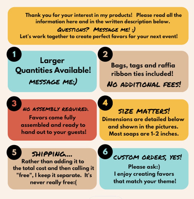 May include: An image with text providing information about event favors. The text highlights larger quantities, included items, no assembly, dimensions (2.5-5 cm), shipping, and custom orders. The graphic uses a yellow, blue, brown, and orange colour scheme.
