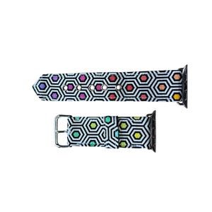 May include: A watch band with a geometric pattern. The band is white with a black honeycomb design, and the centers of the honeycombs are filled with various colors, including purple, pink, red, orange, yellow, and green. The band has a silver buckle.