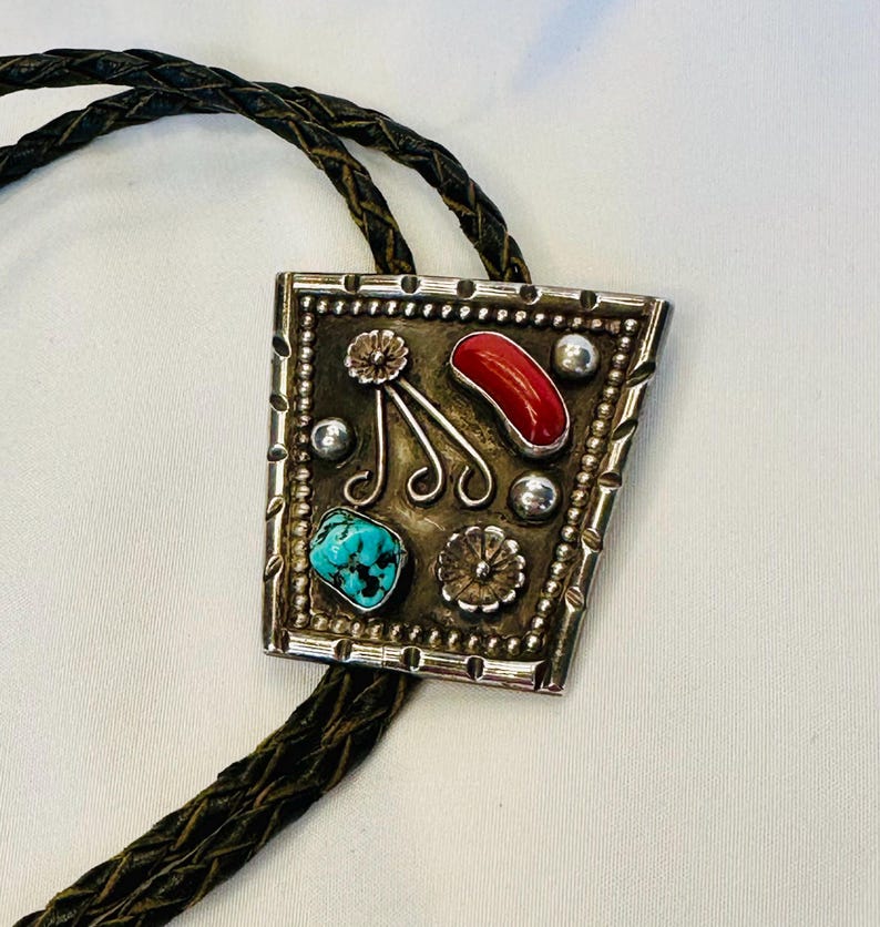 Vintage Sterling Silver Turquoise & Red Coral Bolo Tie - Etsy