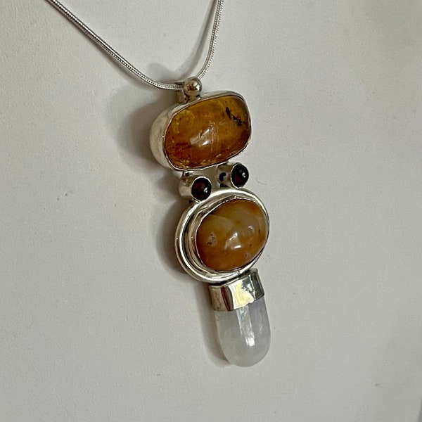 Sterling Silver Amber, Garnet & Quartz Crystal Pendant Necklace