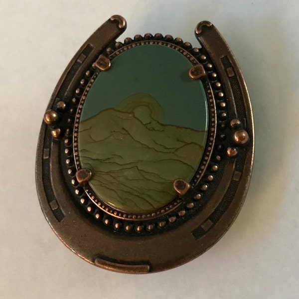 Vintage Picture Agate and Copper Horseshoe Belt Buckle circa 1970s ~ Unisex