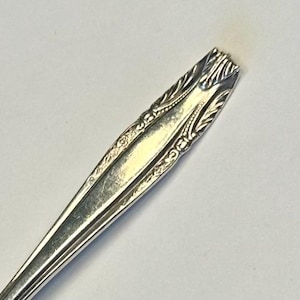 May include: Close-up of the ornate, silver handle of a spoon. The handle is decorated with a floral design.