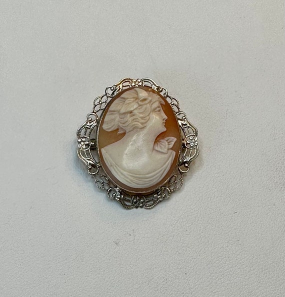 Antique 14k White Gold Carved Shell Cameo Brooch - image 1