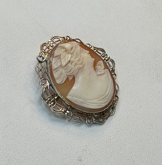 Antique 14k White Gold Carved Shell Cameo Brooch - image 3