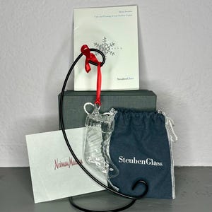 Vintage Steuben Glass Stocking Ornament with Original Box, Felt Pouch & Paperwork
