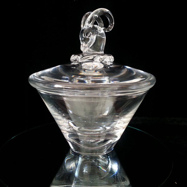 Steuben Glass ~ Vintage Crystal Steuben Rams Head Lidded Candy Dish