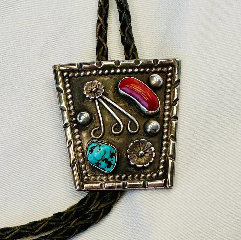 Vintage Sterling Silver Turquoise & Red Coral Bolo Tie - Etsy