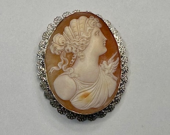 Large Antique 14k White Gold Carved Shell Cameo Pendant Brooch