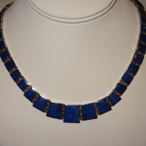 Vintage Sterling Silver and Lapis Lazuli Graduated Necklace