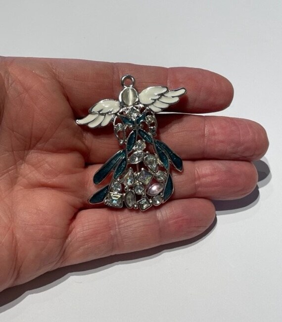 Vintage Enamel & Rhinestone Christmas Angel Pin o… - image 4