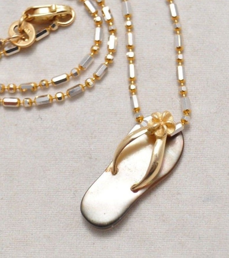 14k Yellow and White Gold Plumeria Hawaiian Slipper Pendant Necklace
