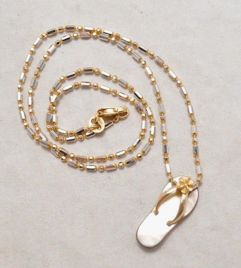 14k Yellow and White Gold Plumeria Hawaiian Slipper Pendant Necklace