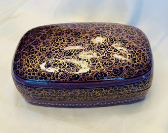 Large Hand Painted Purple and Black Oblong Paper Mache Lidded Box