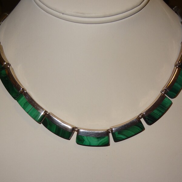 Vintage Sterling Silver and Malachite Hinged Link Necklace