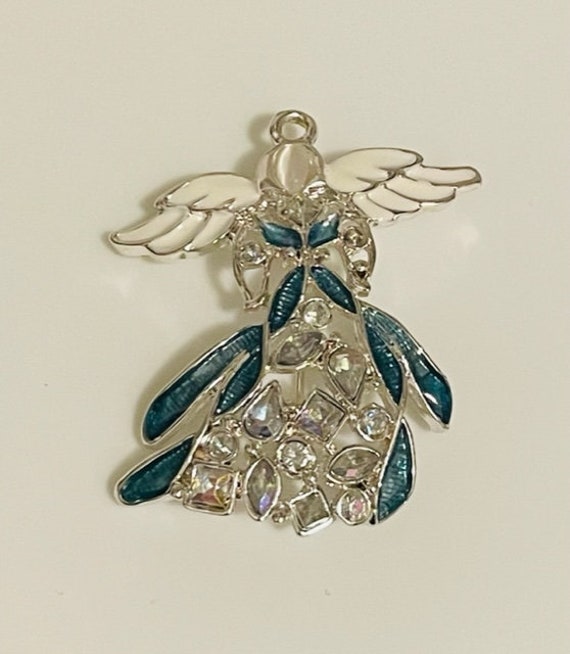 Vintage Enamel & Rhinestone Christmas Angel Pin o… - image 1