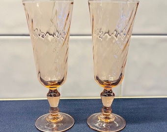 Pair (2) of Cristal D'Arques Rosalind Pink Swirl Optic Champagne Flutes ~ France ~ Circa 1937