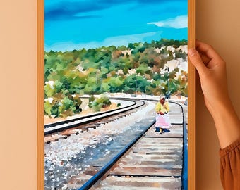 Train Tracks in Chihuahua | Mexican Landscape Digital Art | Rarámuri Woman Printable Painting | Cultural Decor | Escarabajo Design